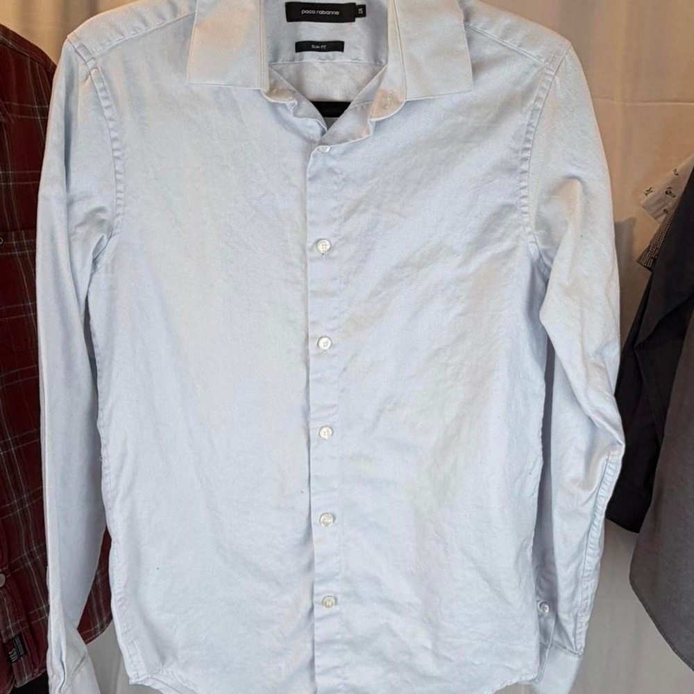Paco Rabanne Mens Duke Slim Fit Light Blue Cotton Twill Dress Shirt Size 15